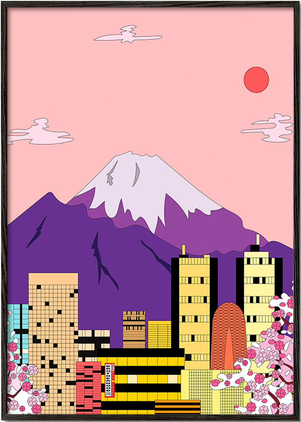 Byplakat Tokyo med Fuji og kirsebærblomster – Black Frame