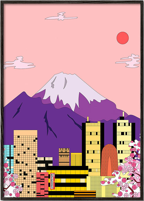 Byplakat Tokyo med Fuji og kirsebærblomster – Black Frame