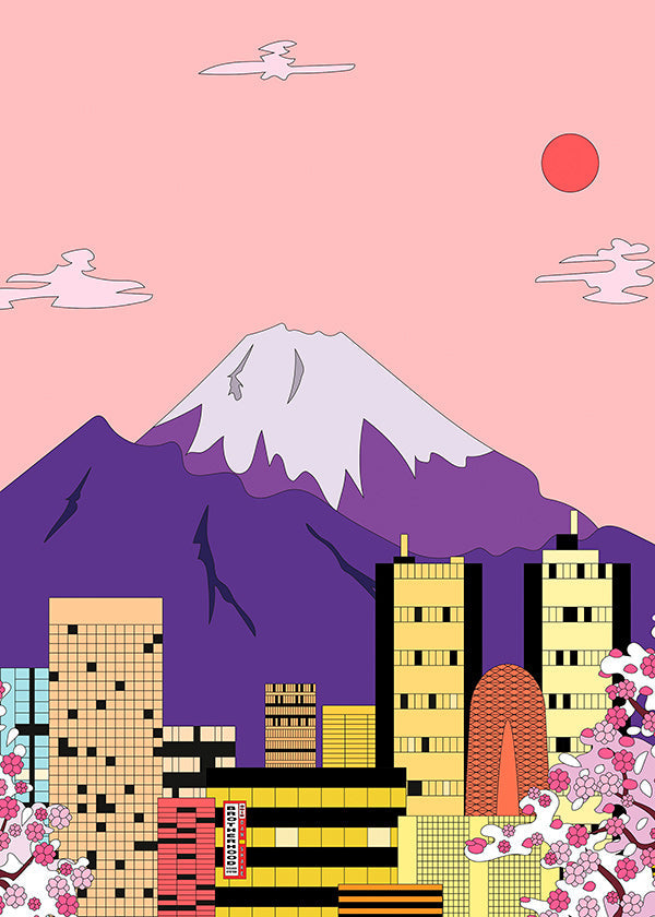 Byplakat Tokyo med Fuji og kirsebærblomster