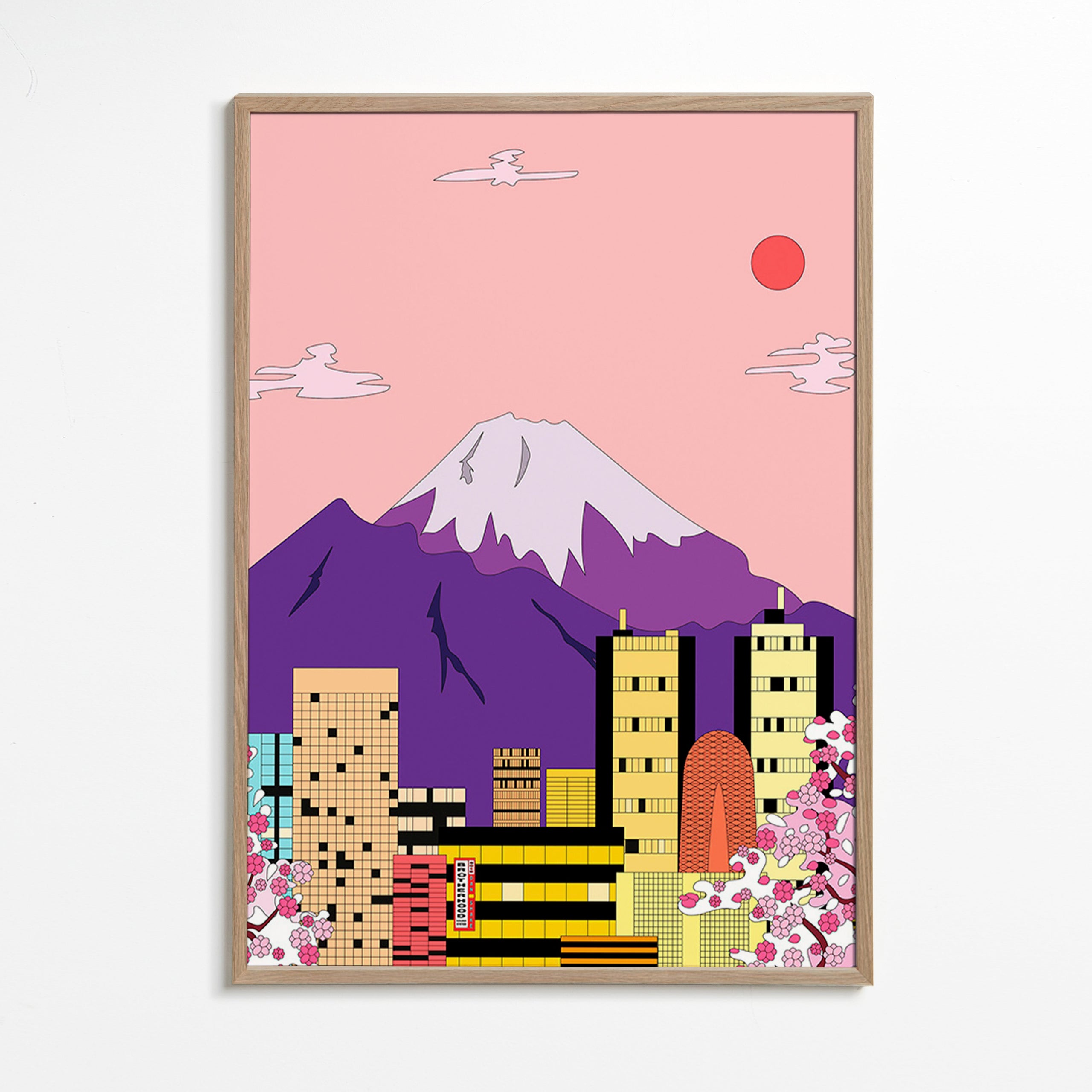 Byplakat Tokyo med Fuji og kirsebærblomster – Oak Frame