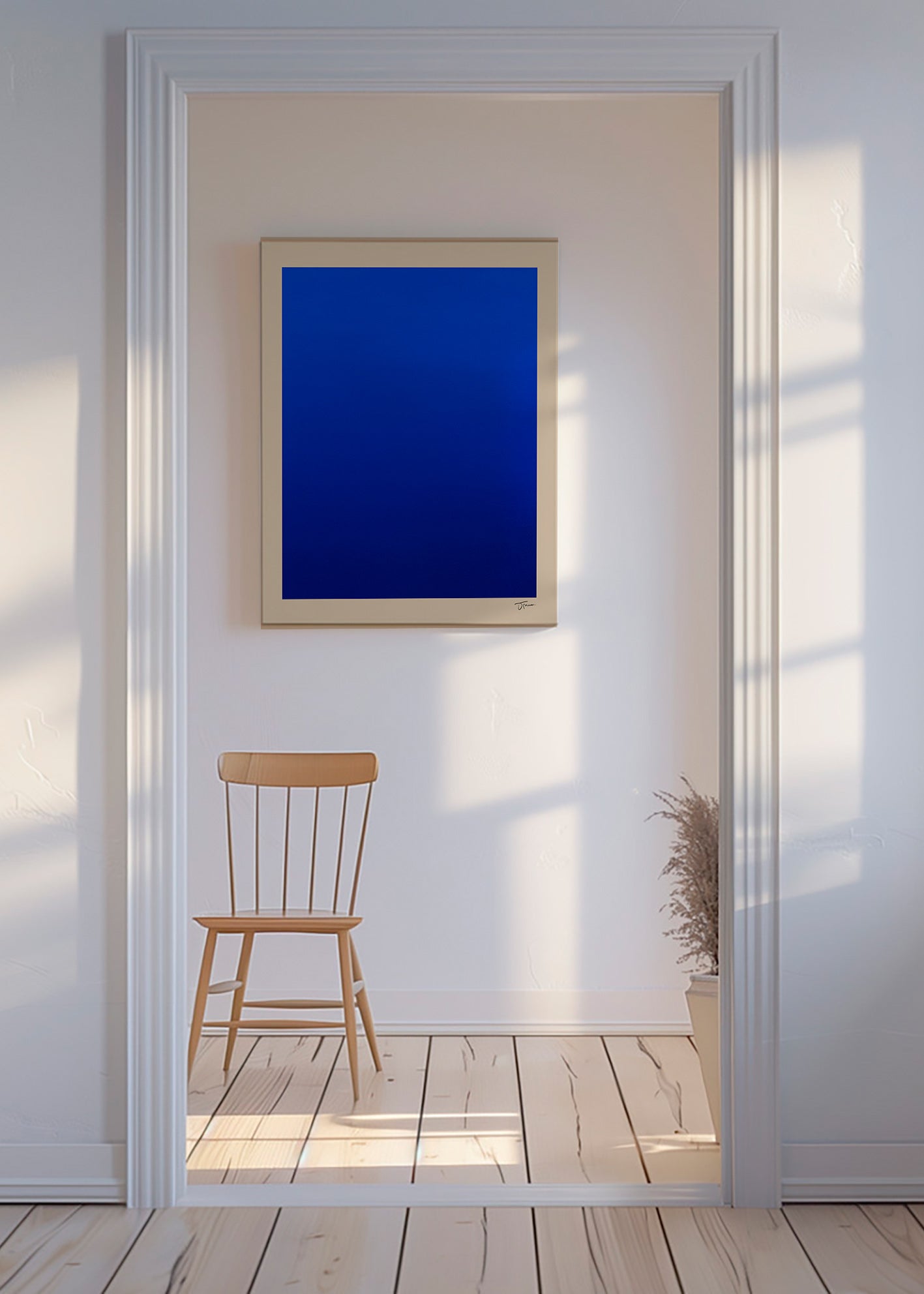 Abstrakt billede blåt felt med beige kant – Canvas