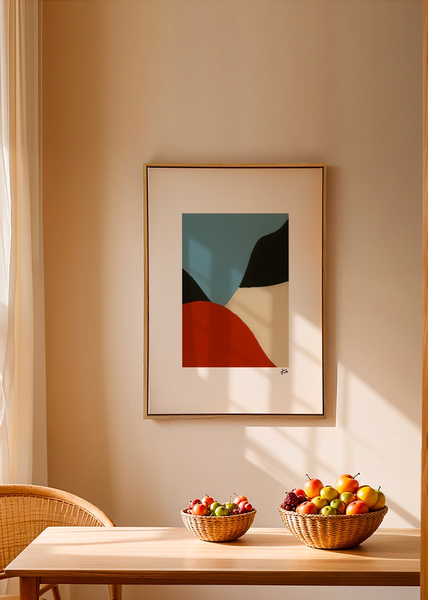 Abstrakt maleri med organiske terracotta- og blå former – Canvas2