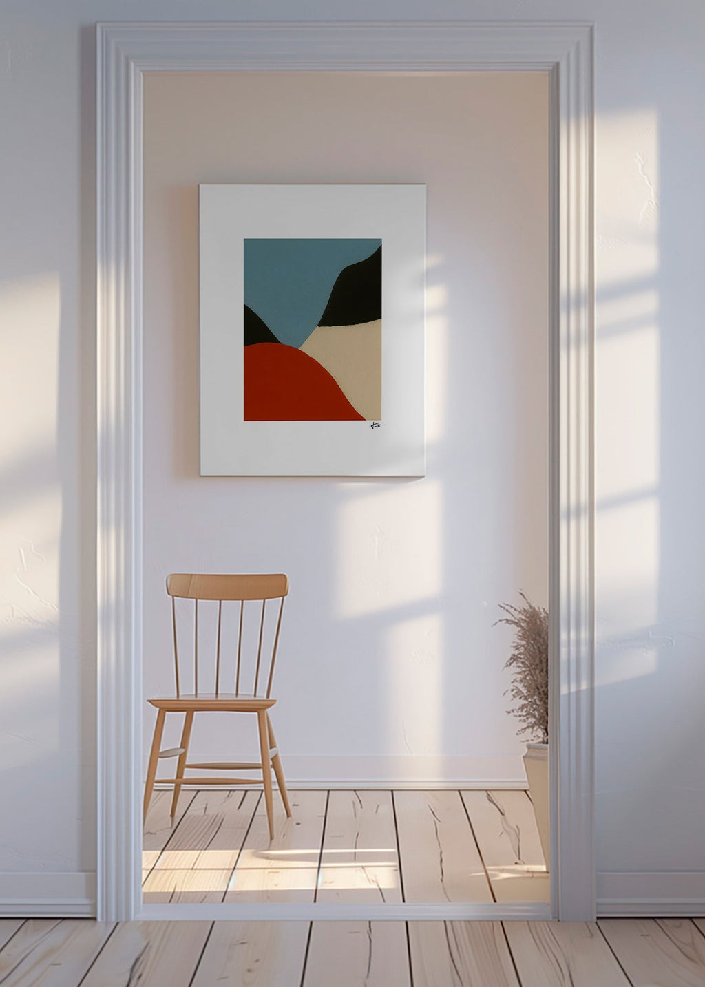 Abstrakt maleri med organiske terracotta- og blå former – Canvas