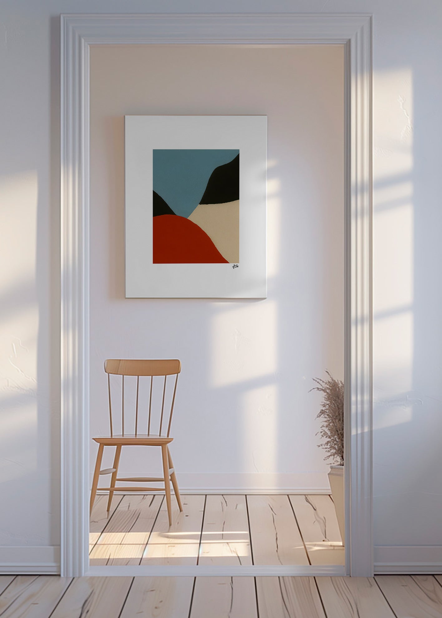 Abstrakt maleri med organiske terracotta- og blå former – Canvas