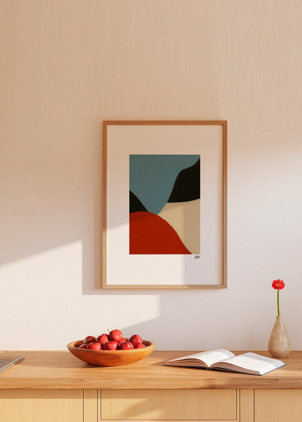 Abstrakt maleri med organiske terracotta- og blå former – Product3