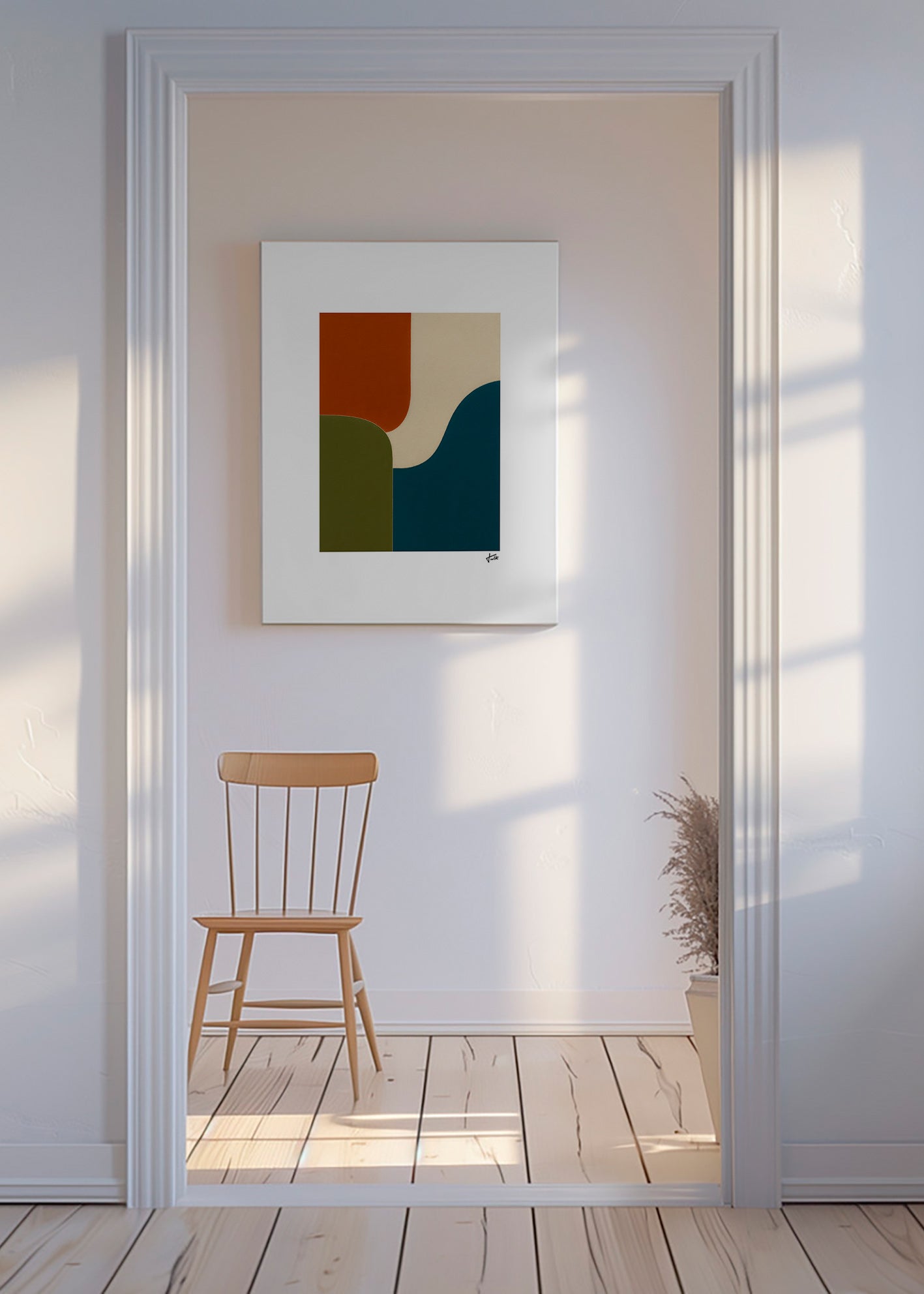 Geometrisk plakat med buede farvefelter – Canvas