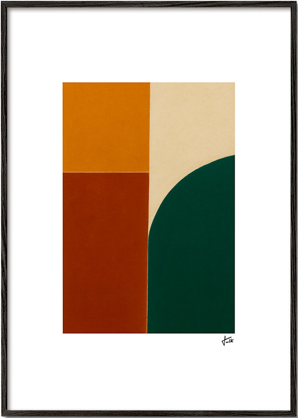 Geometrisk plakat med grøn bue og okkerfelter – Black Frame