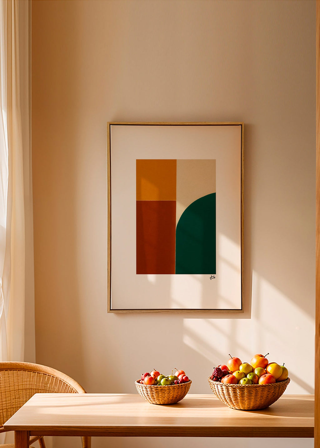 Geometrisk plakat med grøn bue og okkerfelter – Canvas1