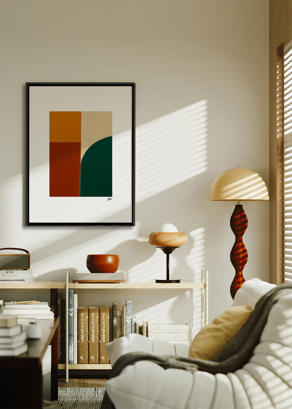 Geometrisk plakat med grøn bue og okkerfelter – Canvas2