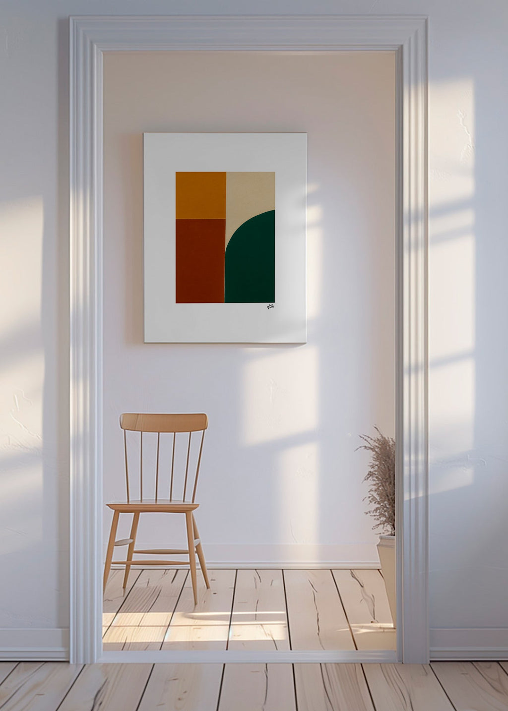 Geometrisk plakat med grøn bue og okkerfelter – Canvas