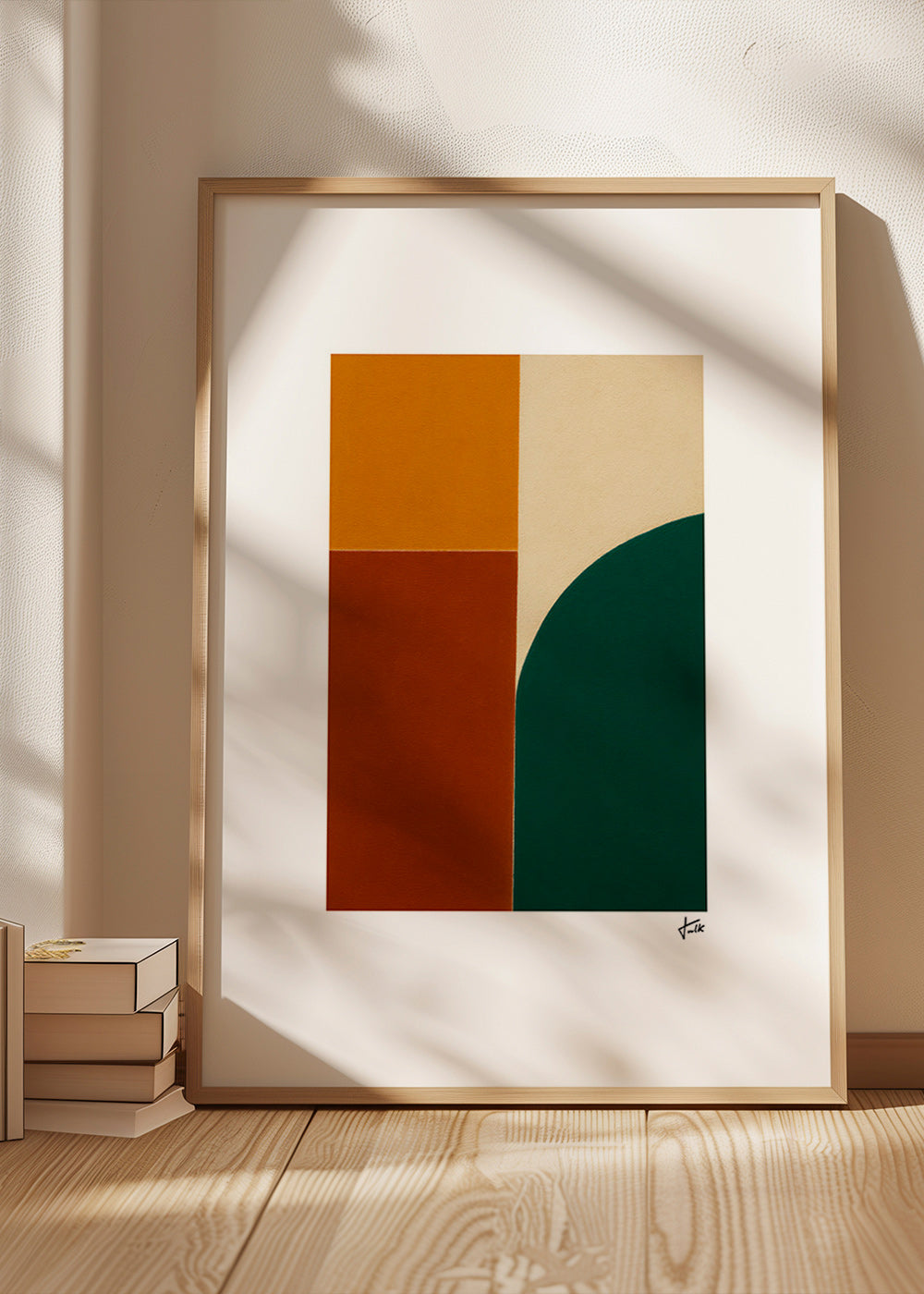 Geometrisk plakat med grøn bue og okkerfelter – Product2