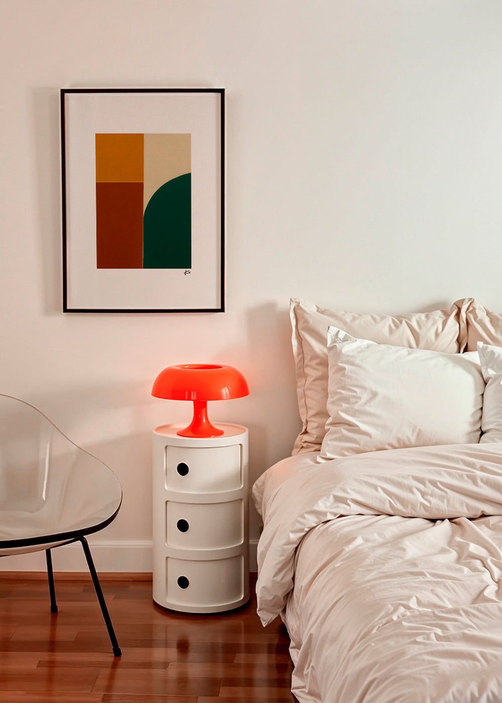 Geometrisk plakat med grøn bue og okkerfelter – Product3