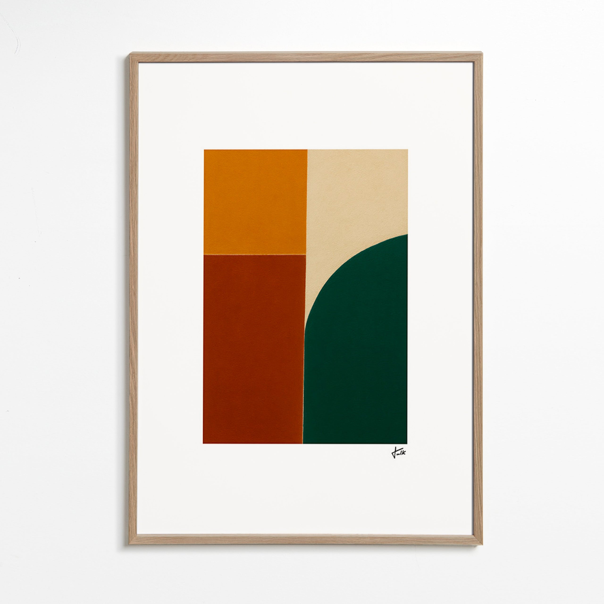 Geometrisk plakat med grøn bue og okkerfelter – Oak Frame