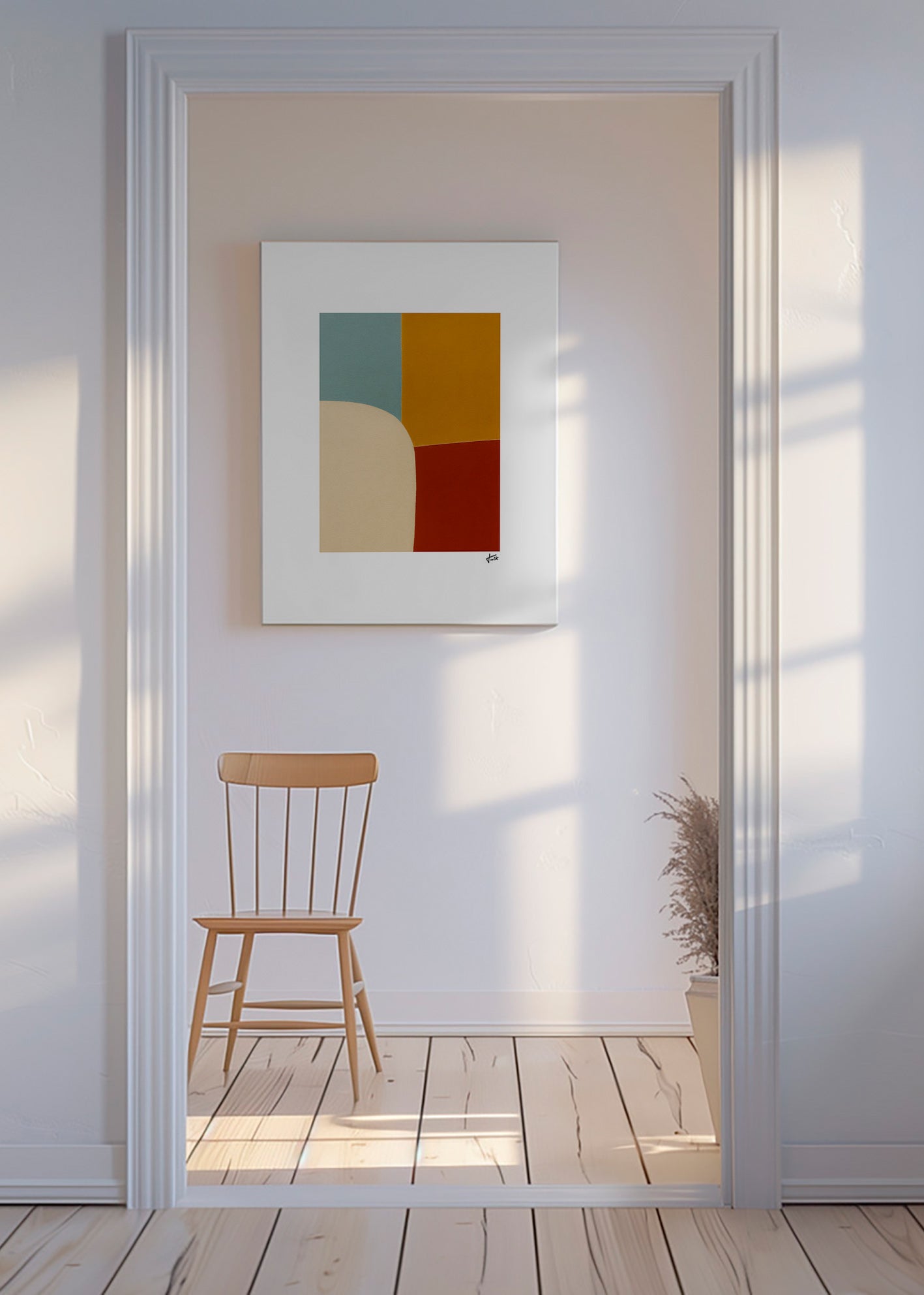 Geometrisk billede med kurve og okkerfelter – Canvas