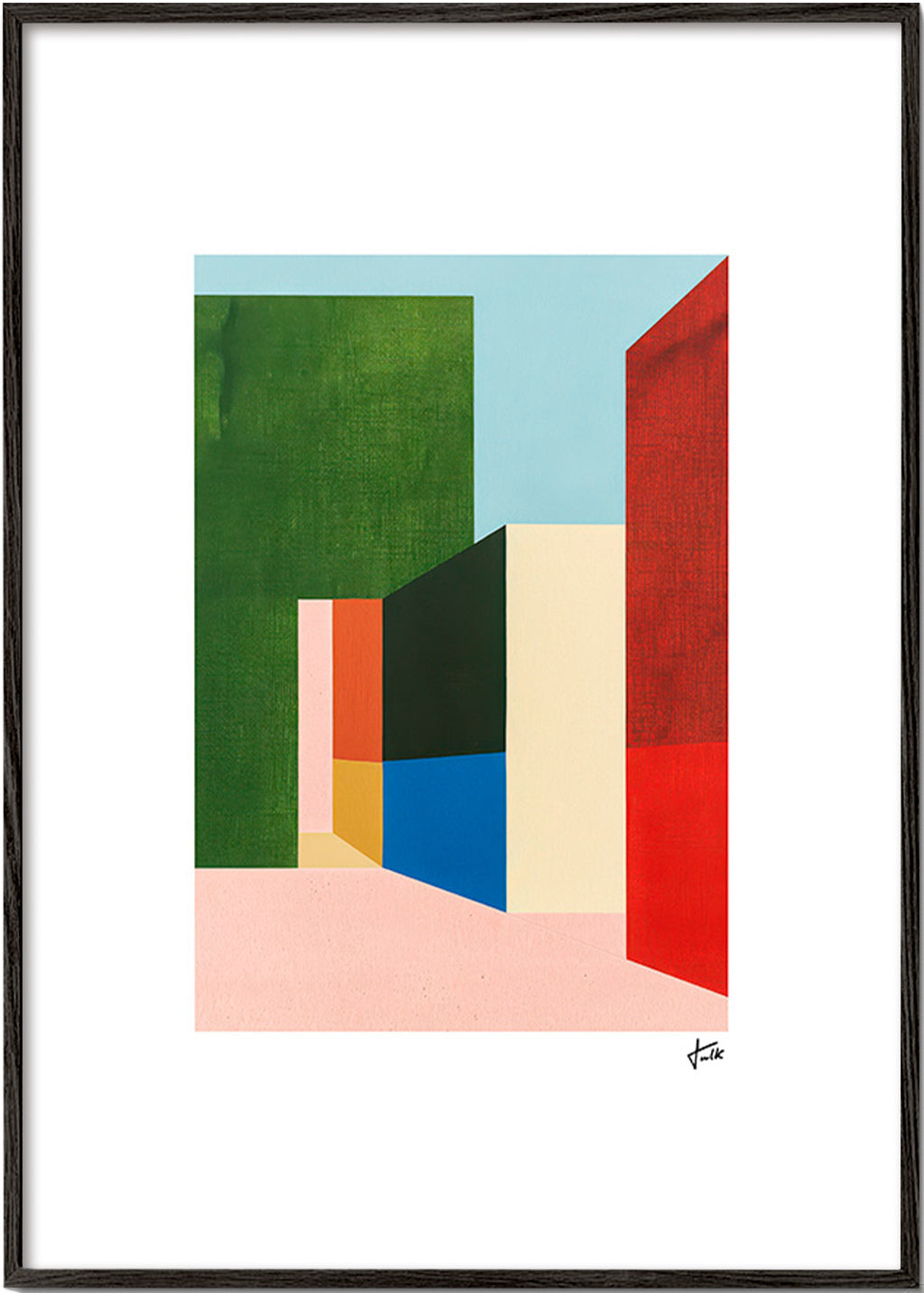 Geometrisk plakat med farvede volumener – Black Frame