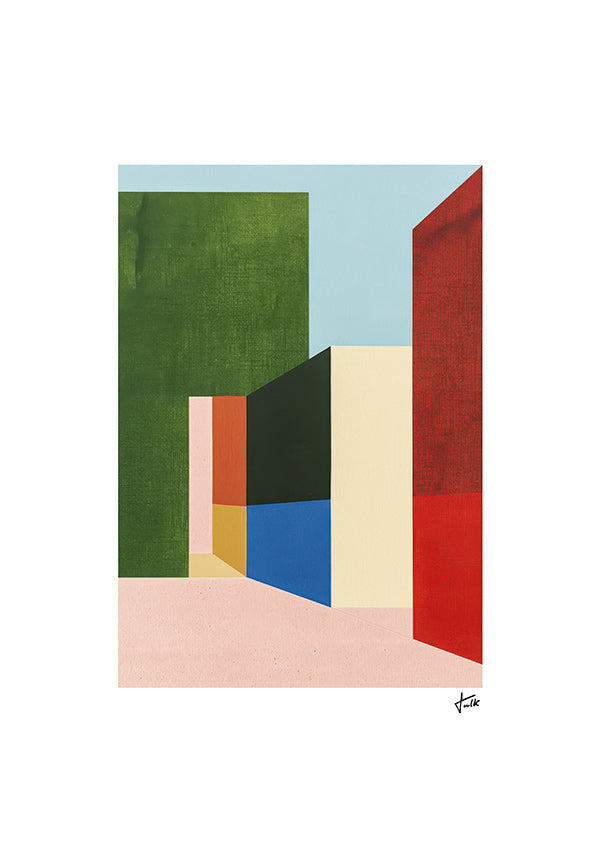 Geometrisk plakat med farvede volumener