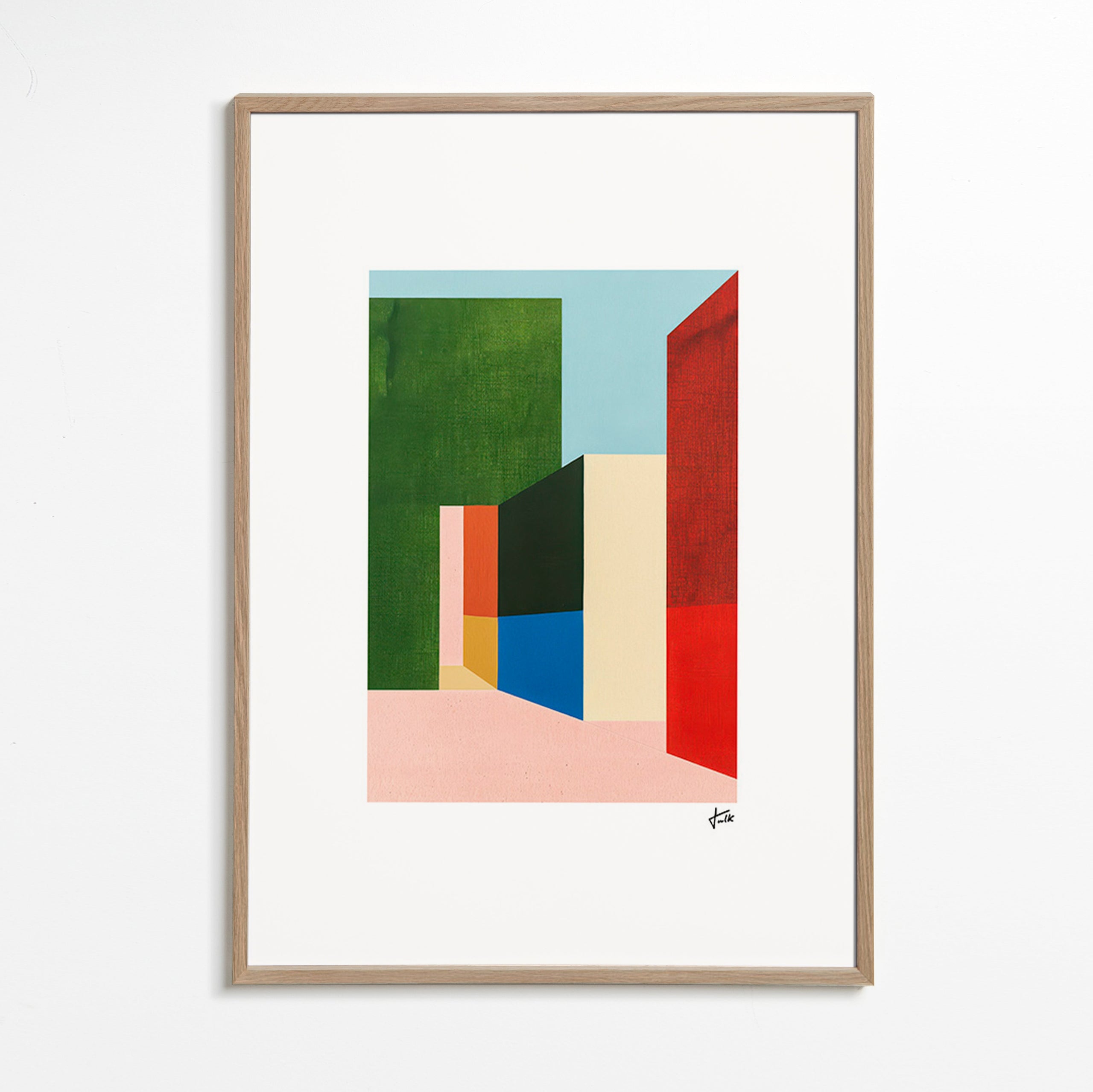 Geometrisk plakat med farvede volumener – Oak Frame