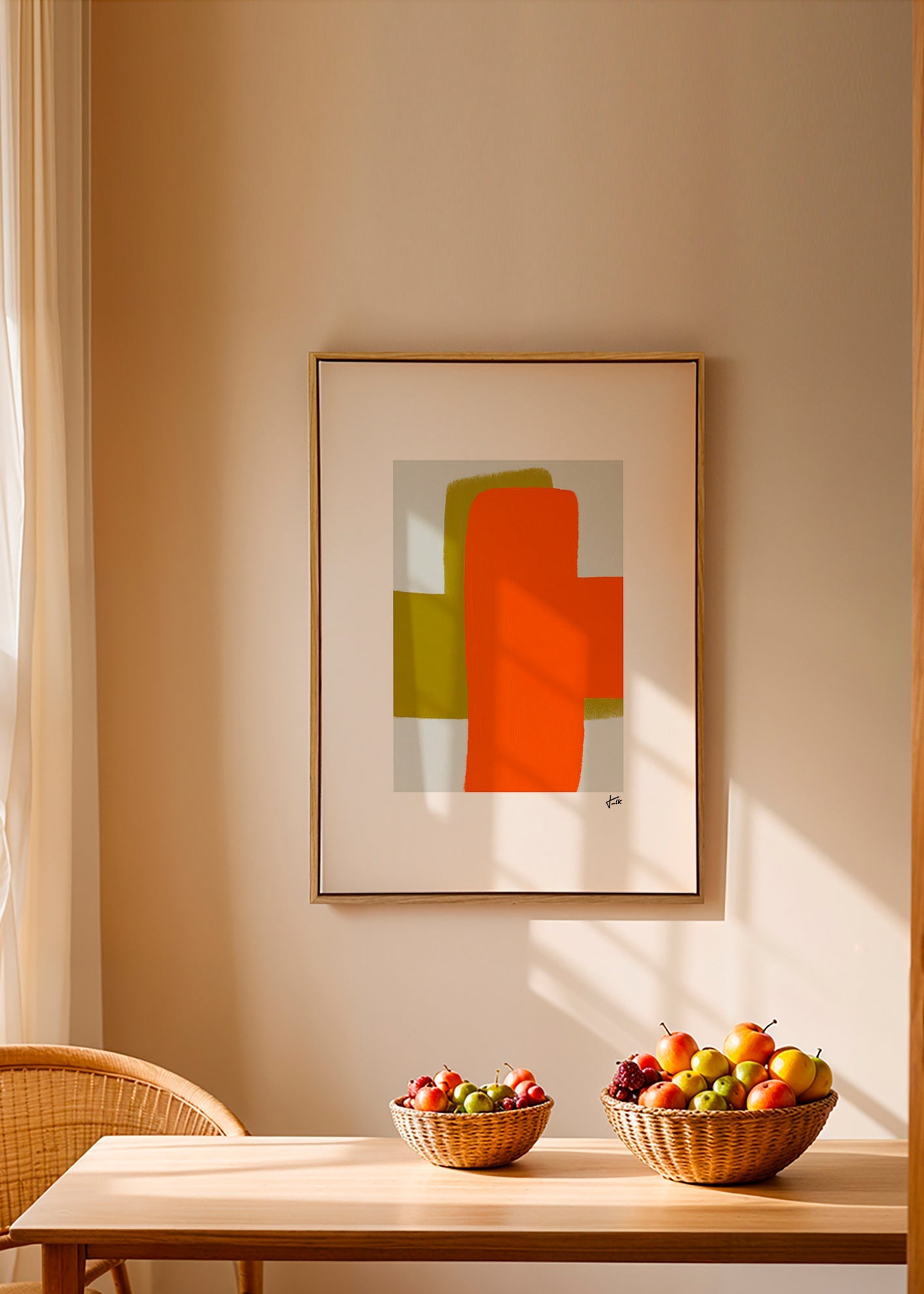 Abstrakt kunst orange og grøn med vertikale former – Canvas2