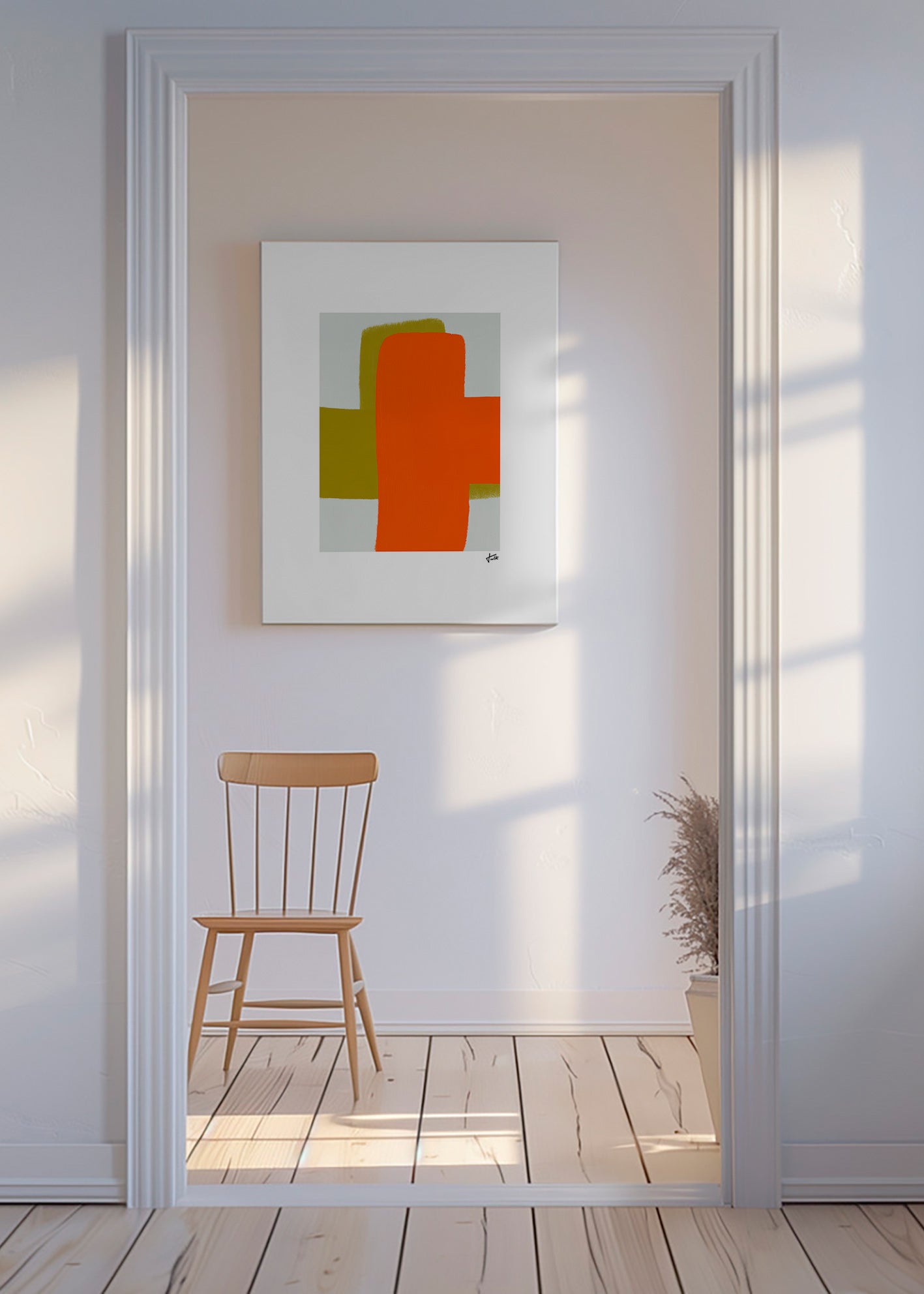 Abstrakt kunst orange og grøn med vertikale former – Canvas