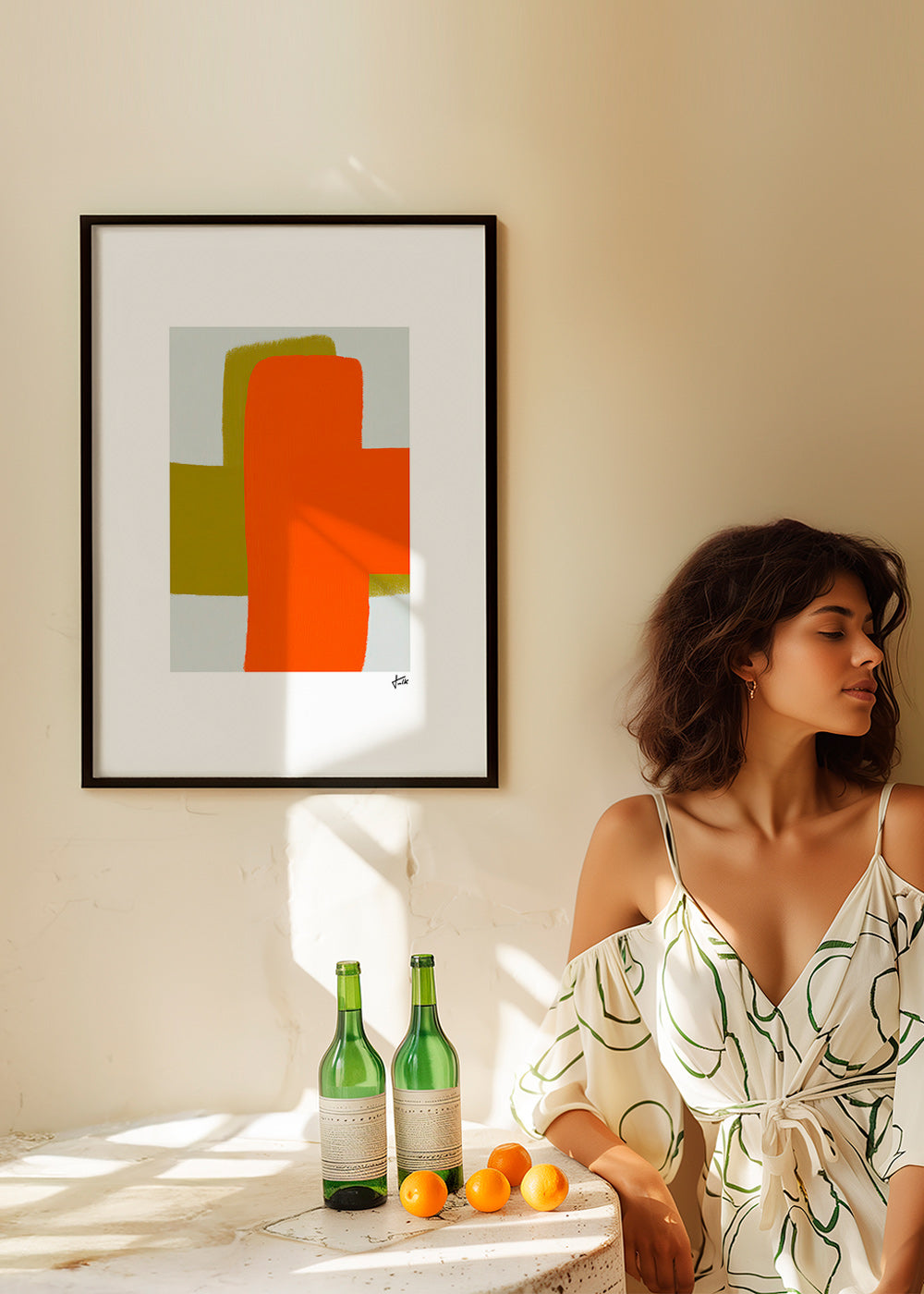Abstrakt kunst orange og grøn med vertikale former – Product1