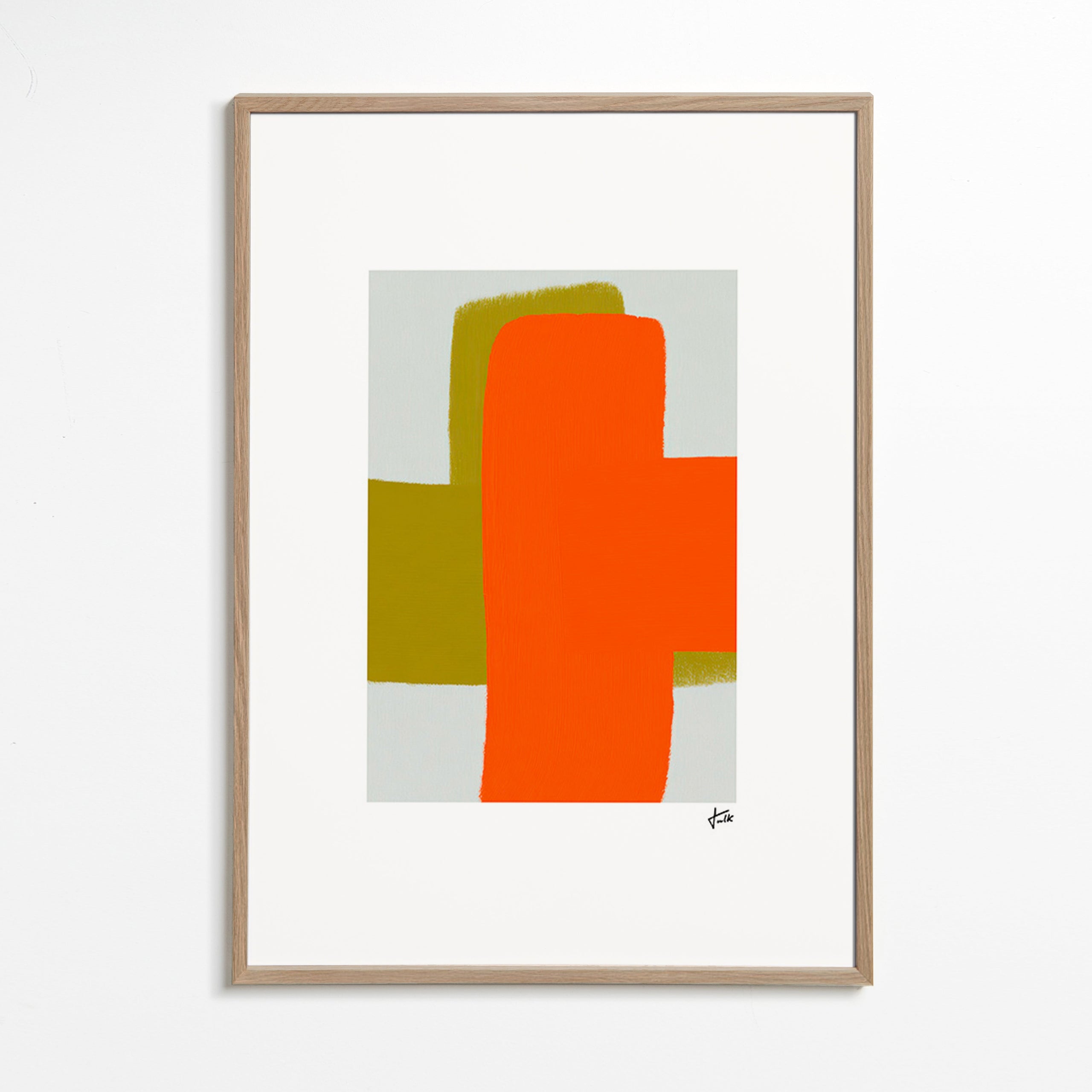 Abstrakt kunst orange og grøn med vertikale former – Oak Frame
