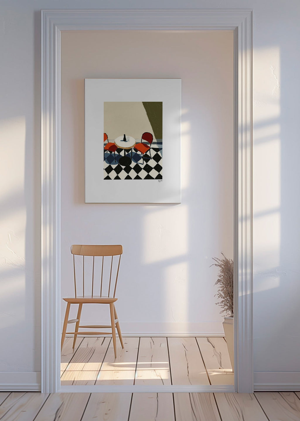 Køkkenkunst: kaffebord på skakbrætgulv – Canvas