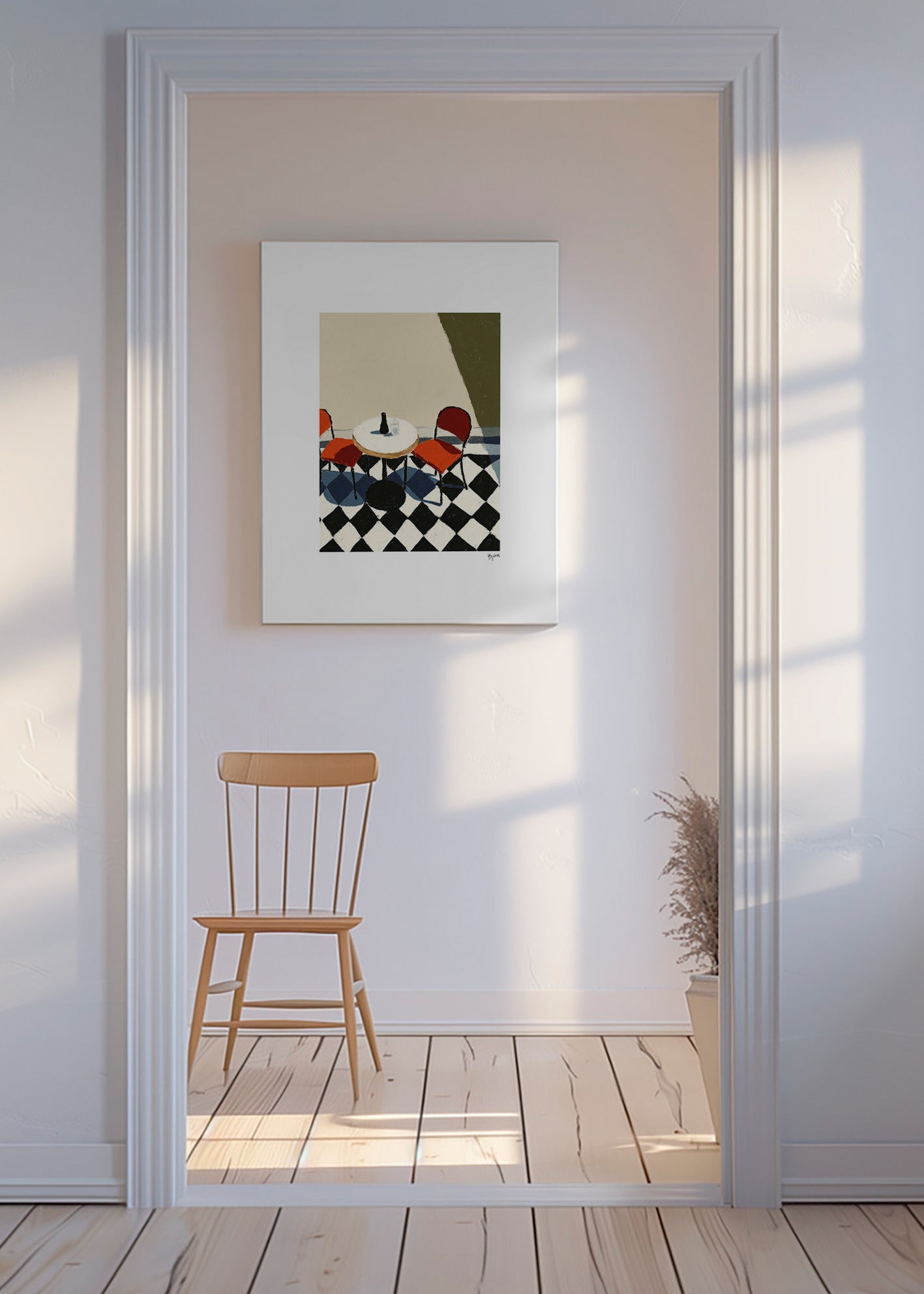 Køkkenkunst: kaffebord på skakbrætgulv – Canvas