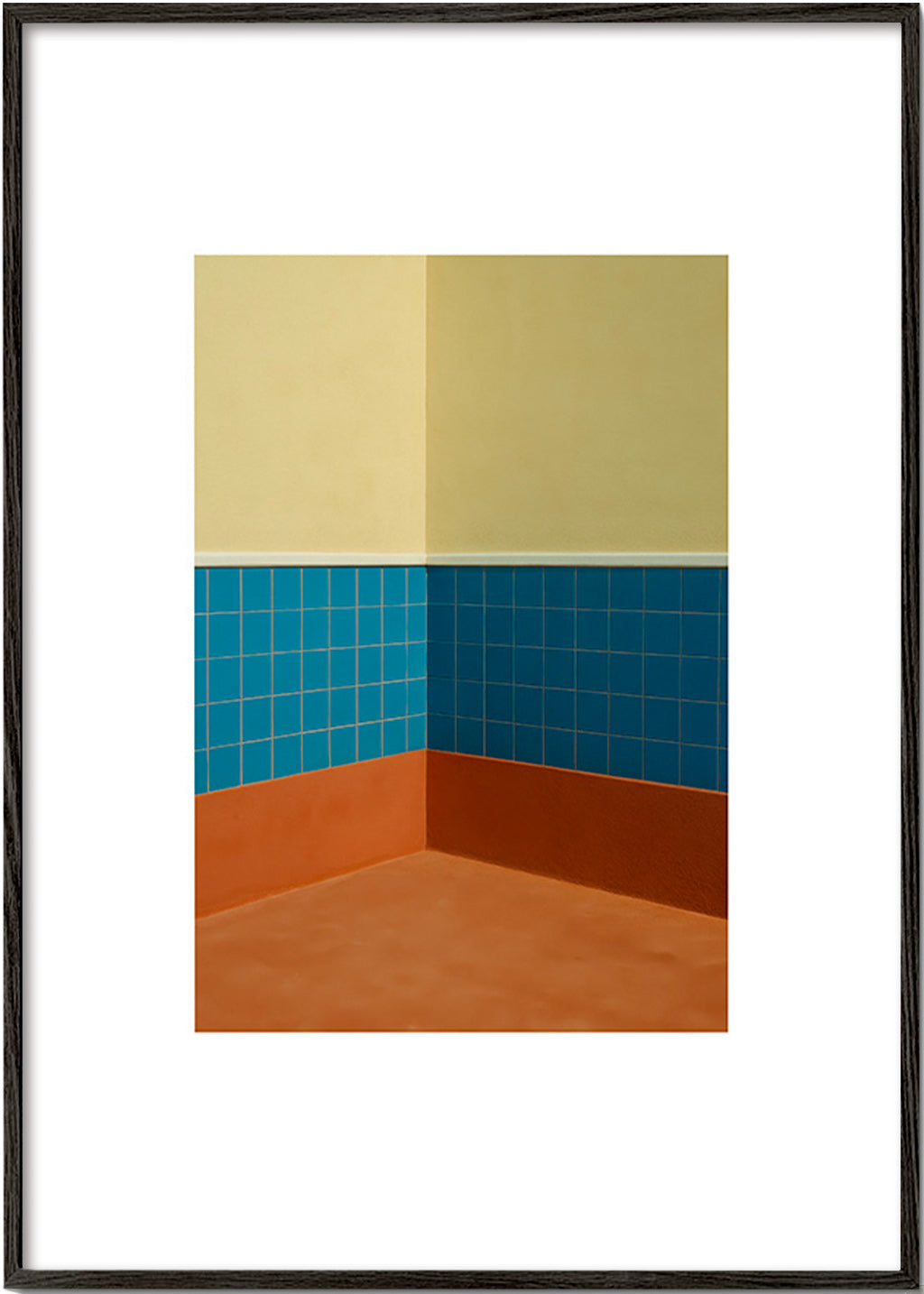 Minimalistisk design: hjørne med blå fliser og terracotta gulv – Black Frame