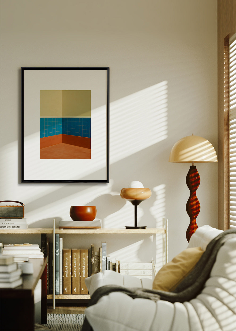 Minimalistisk design: hjørne med blå fliser og terracotta gulv – Canvas1