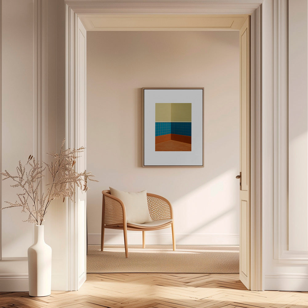 Minimalistisk design: hjørne med blå fliser og terracotta gulv – Canvas2