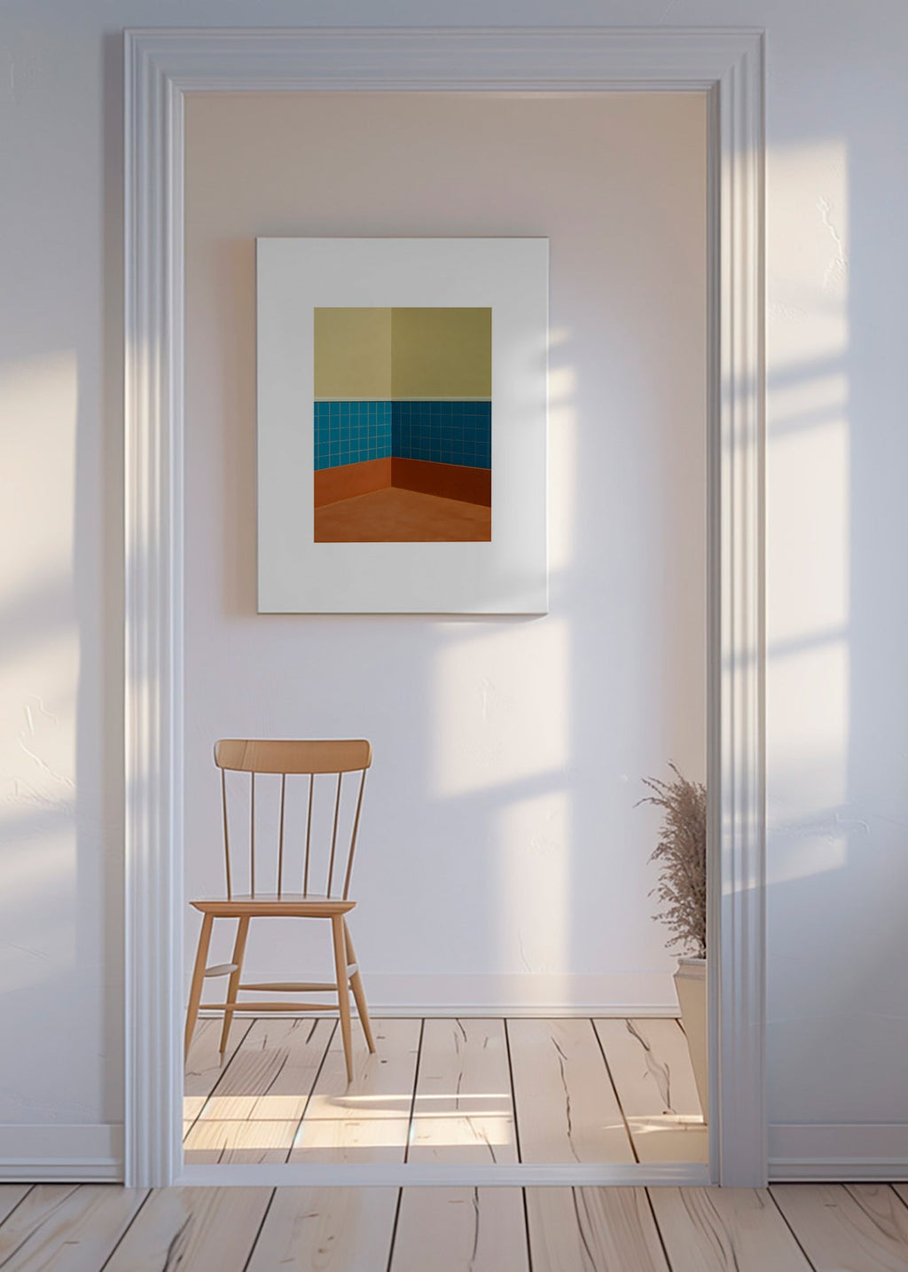 Minimalistisk design: hjørne med blå fliser og terracotta gulv – Canvas