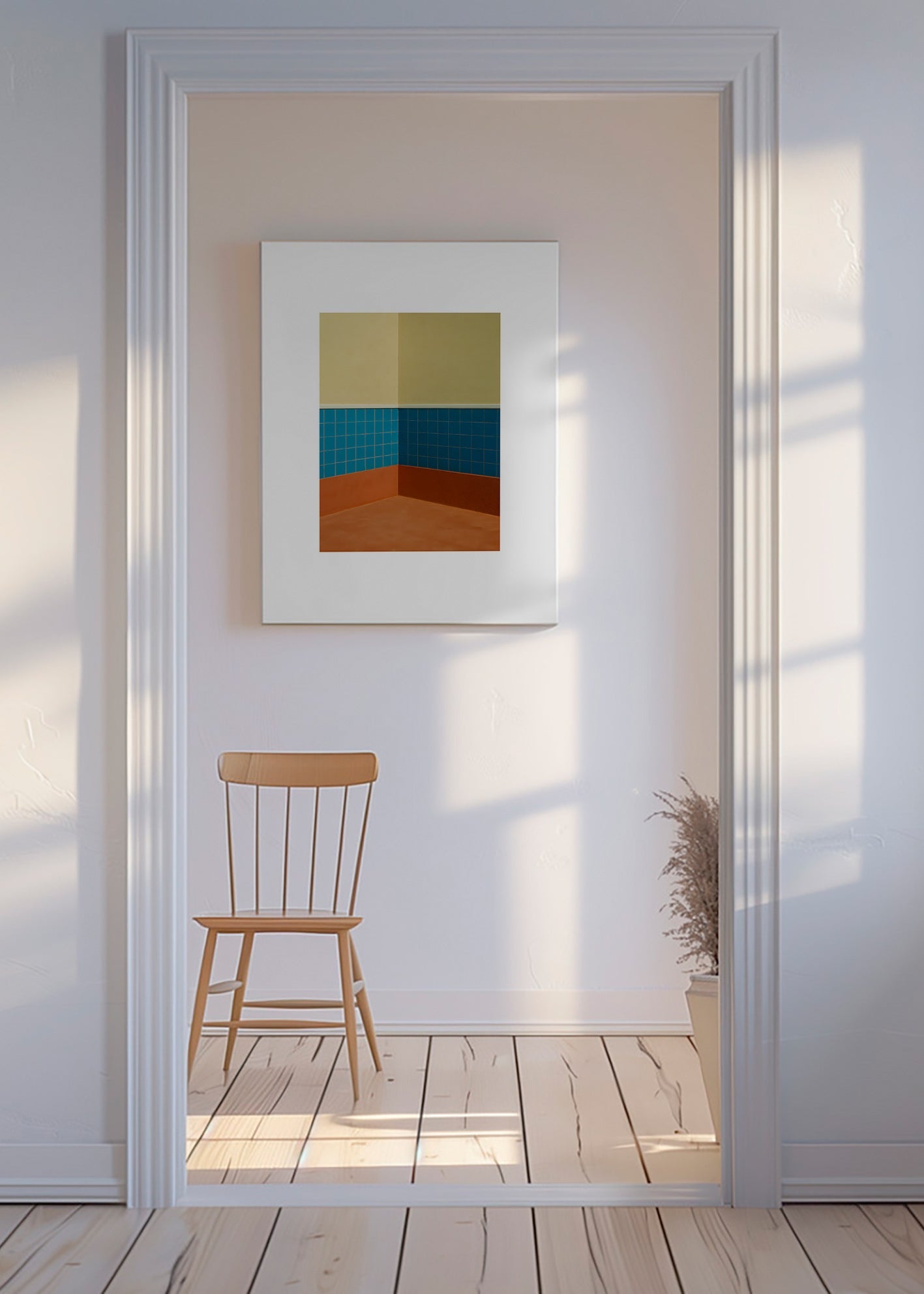 Minimalistisk design: hjørne med blå fliser og terracotta gulv – Canvas