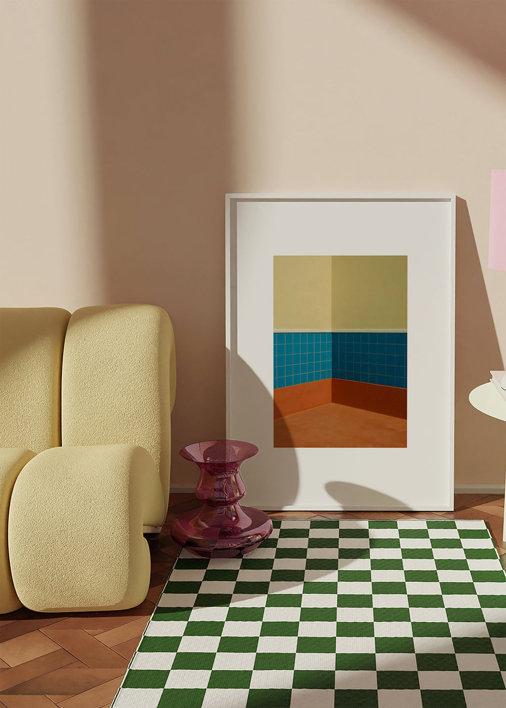 Minimalistisk design: hjørne med blå fliser og terracotta gulv – Product3