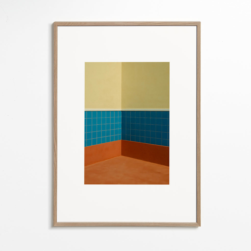 Minimalistisk design: hjørne med blå fliser og terracotta gulv – Oak Frame