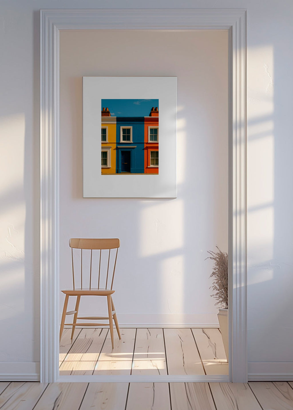 Bybillede med facade i tre farver – Canvas