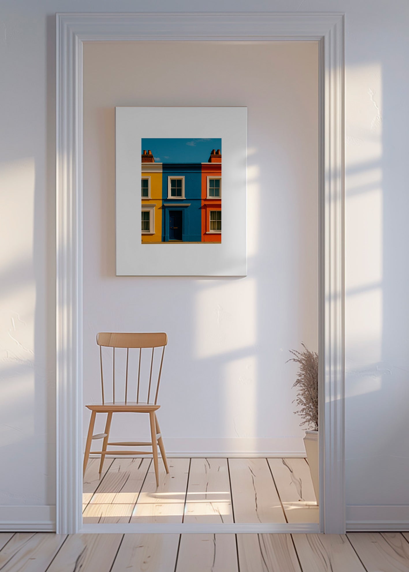 Bybillede med facade i tre farver – Canvas