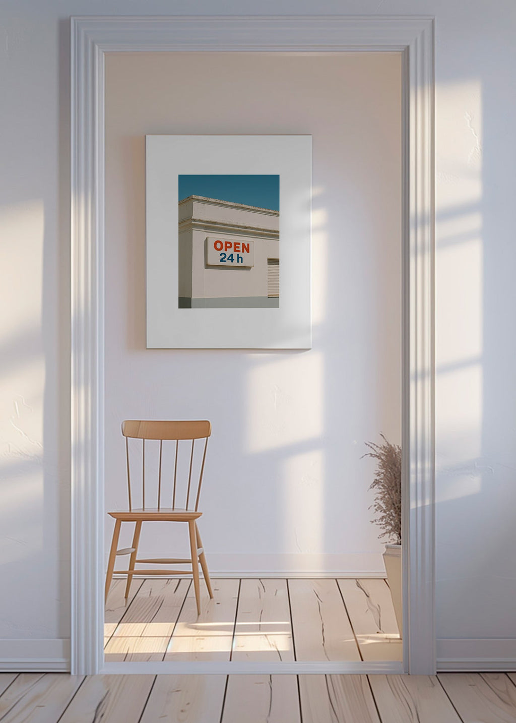 Minimal plakat facade med OPEN 24h skilt – Canvas