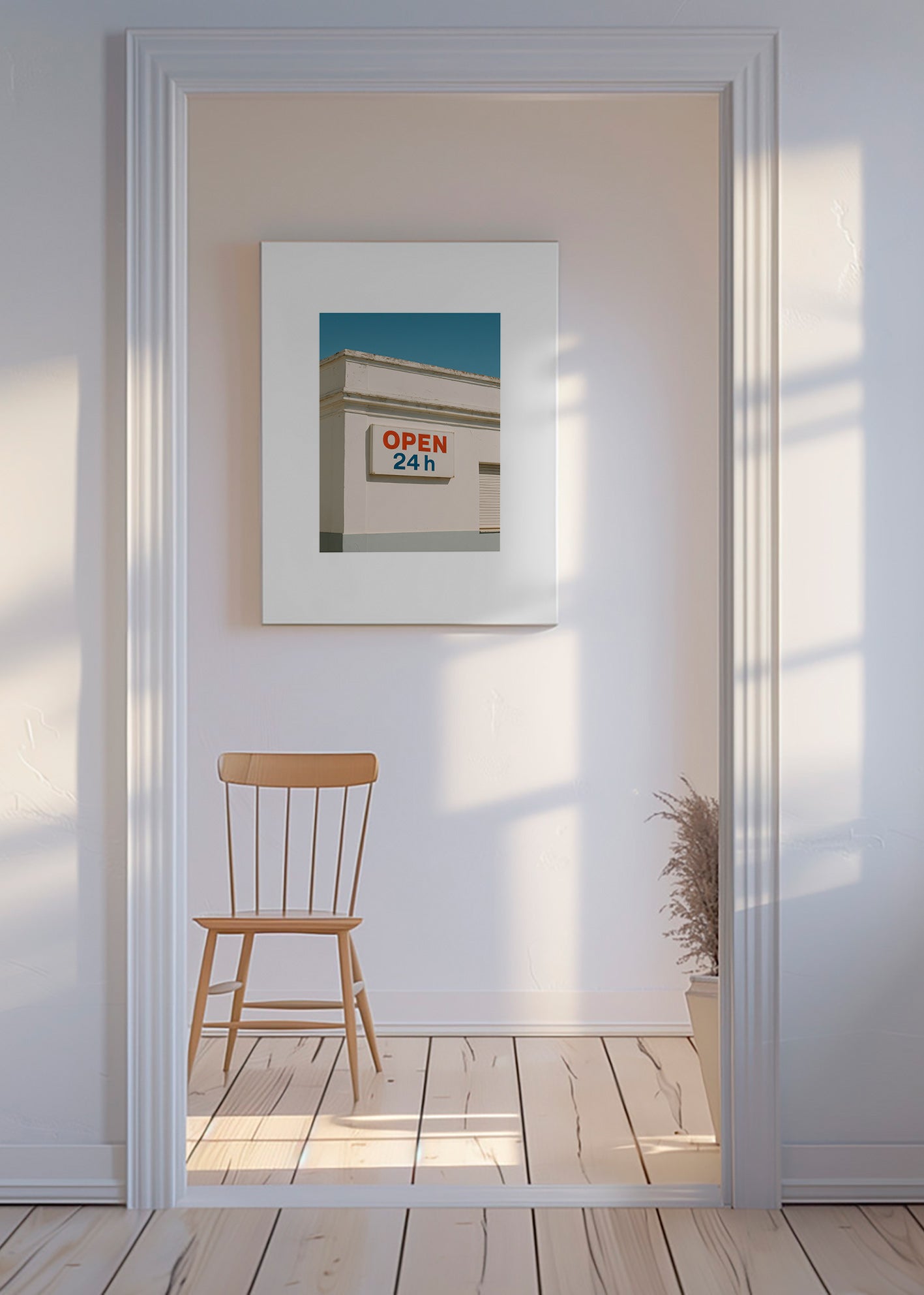 Minimal plakat facade med OPEN 24h skilt – Canvas