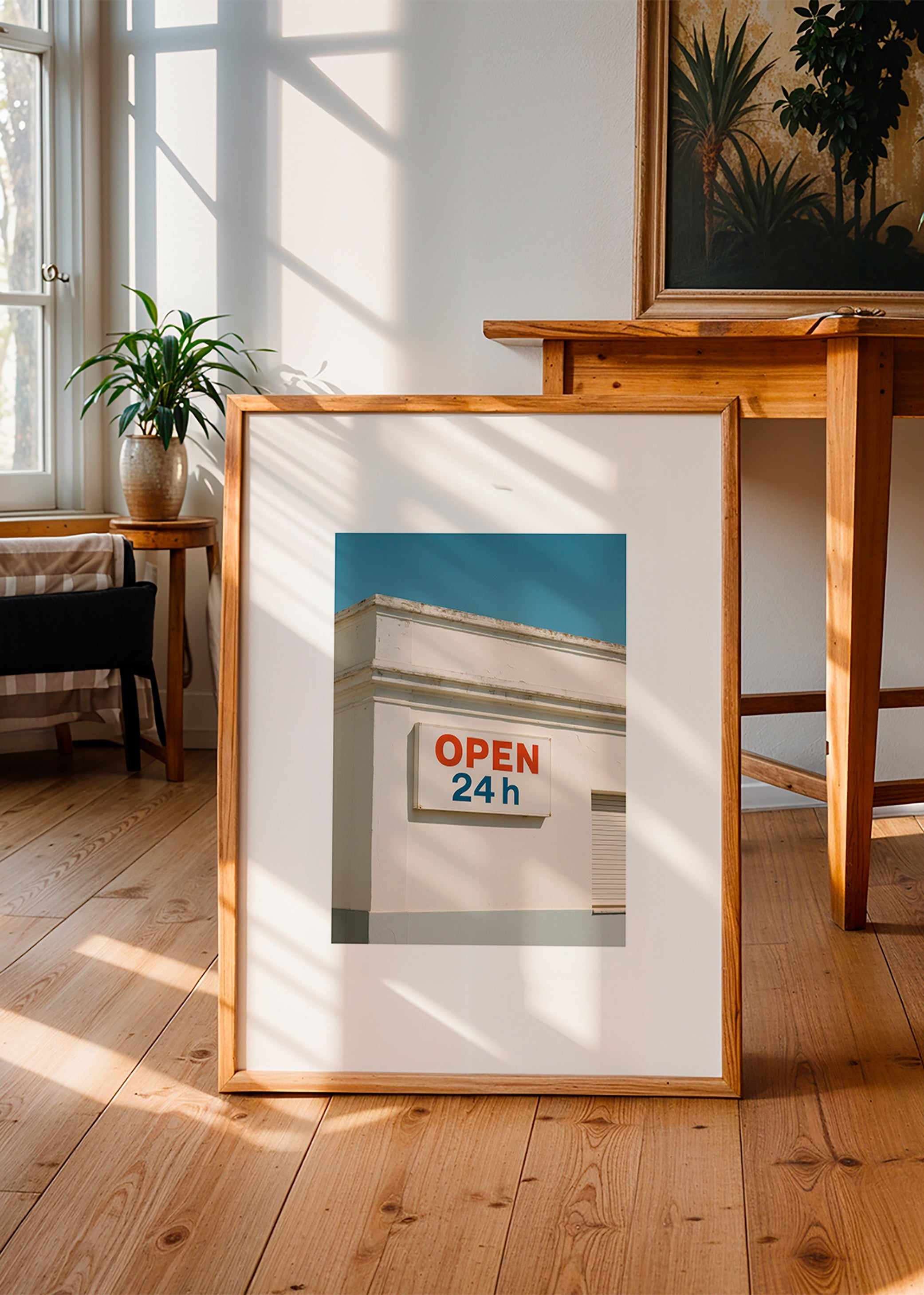 Minimal plakat facade med OPEN 24h skilt – Product2