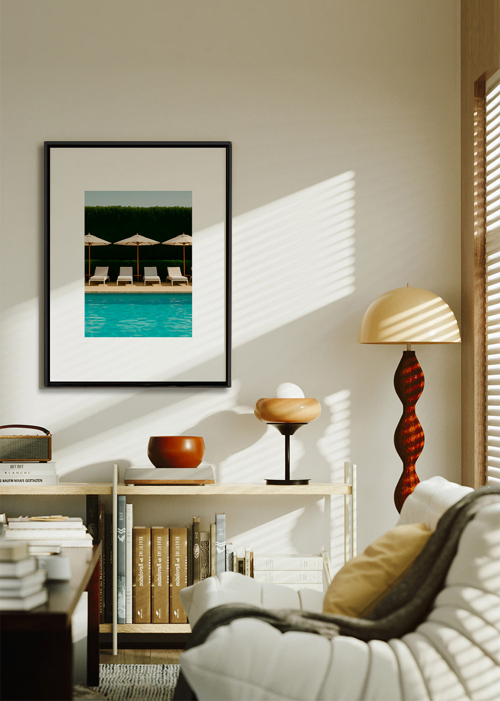 Fotografi af pool med parasoller og rene linjer – Canvas1