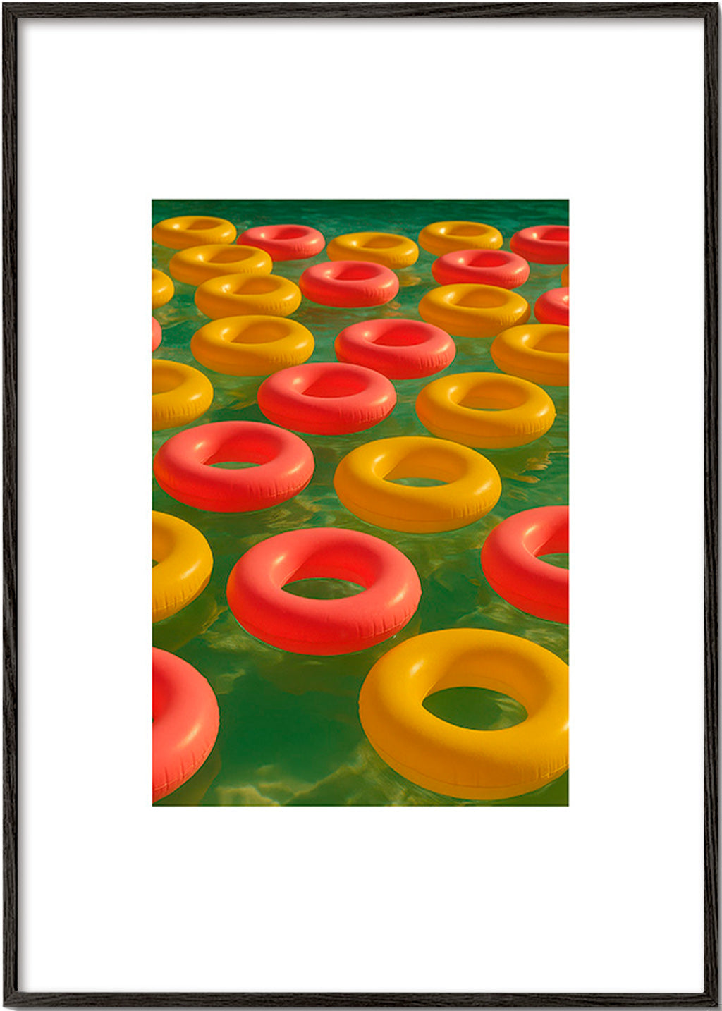 Geometrisk plakat med flydende røde og gule ringe – Black Frame