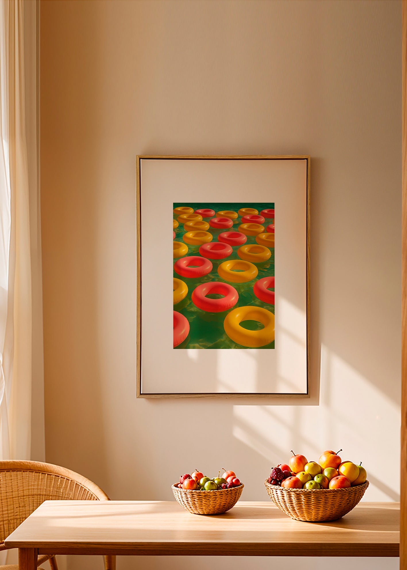 Geometrisk plakat med flydende røde og gule ringe – Canvas1