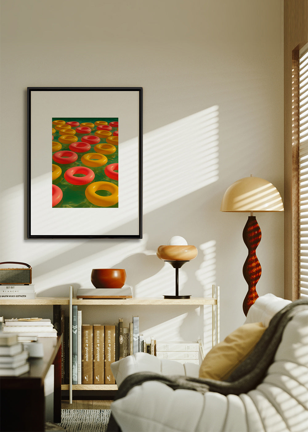 Geometrisk plakat med flydende røde og gule ringe – Canvas2