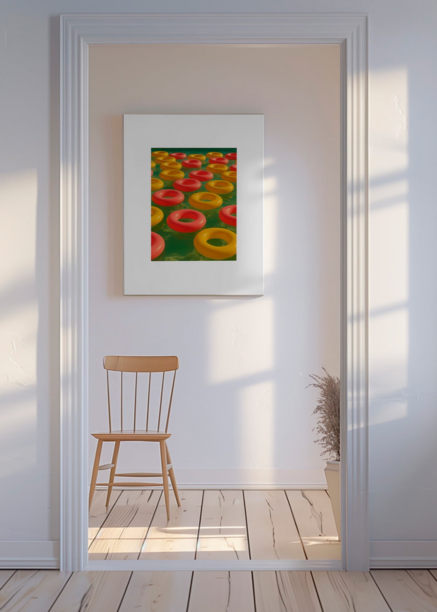 Geometrisk plakat med flydende røde og gule ringe – Canvas