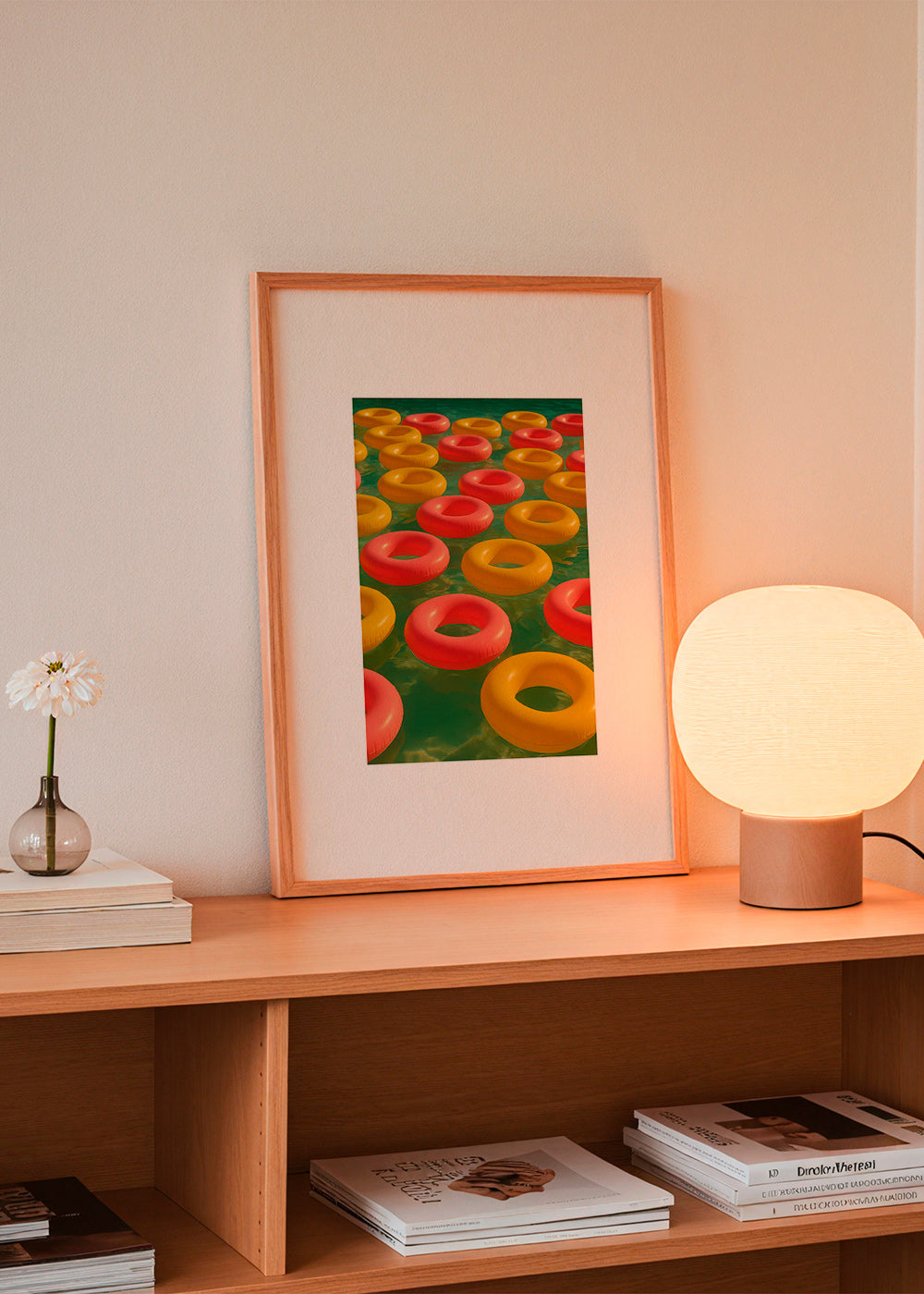 Geometrisk plakat med flydende røde og gule ringe – Product1