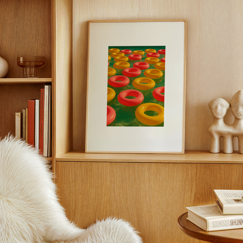 Geometrisk plakat med flydende røde og gule ringe – Product3