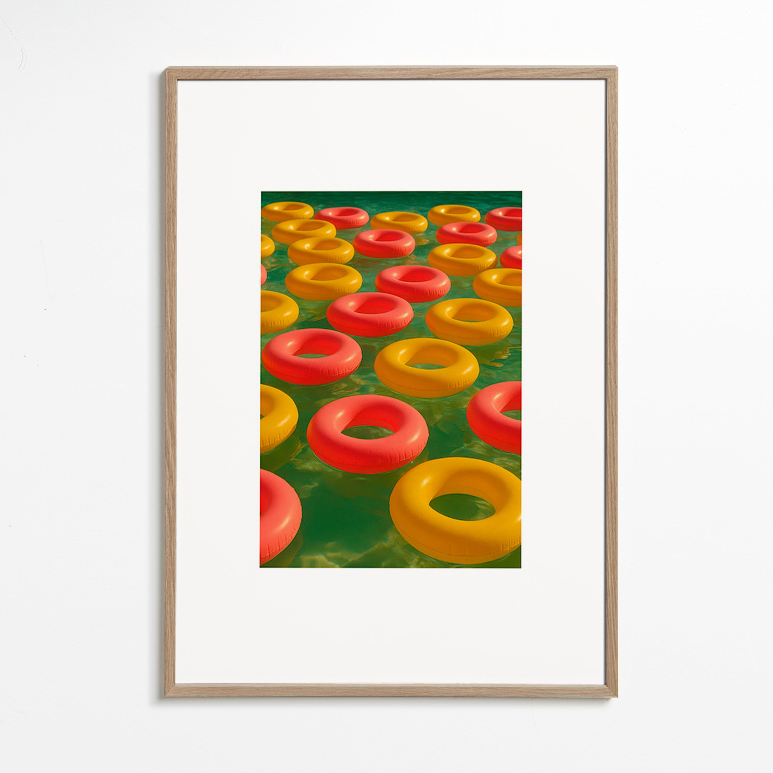 Geometrisk plakat med flydende røde og gule ringe – Oak Frame