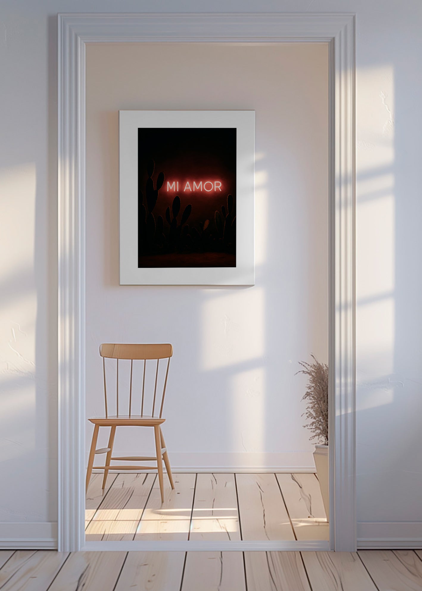Fotografi: neonskilt 'Mi Amor' med kaktusser – Canvas