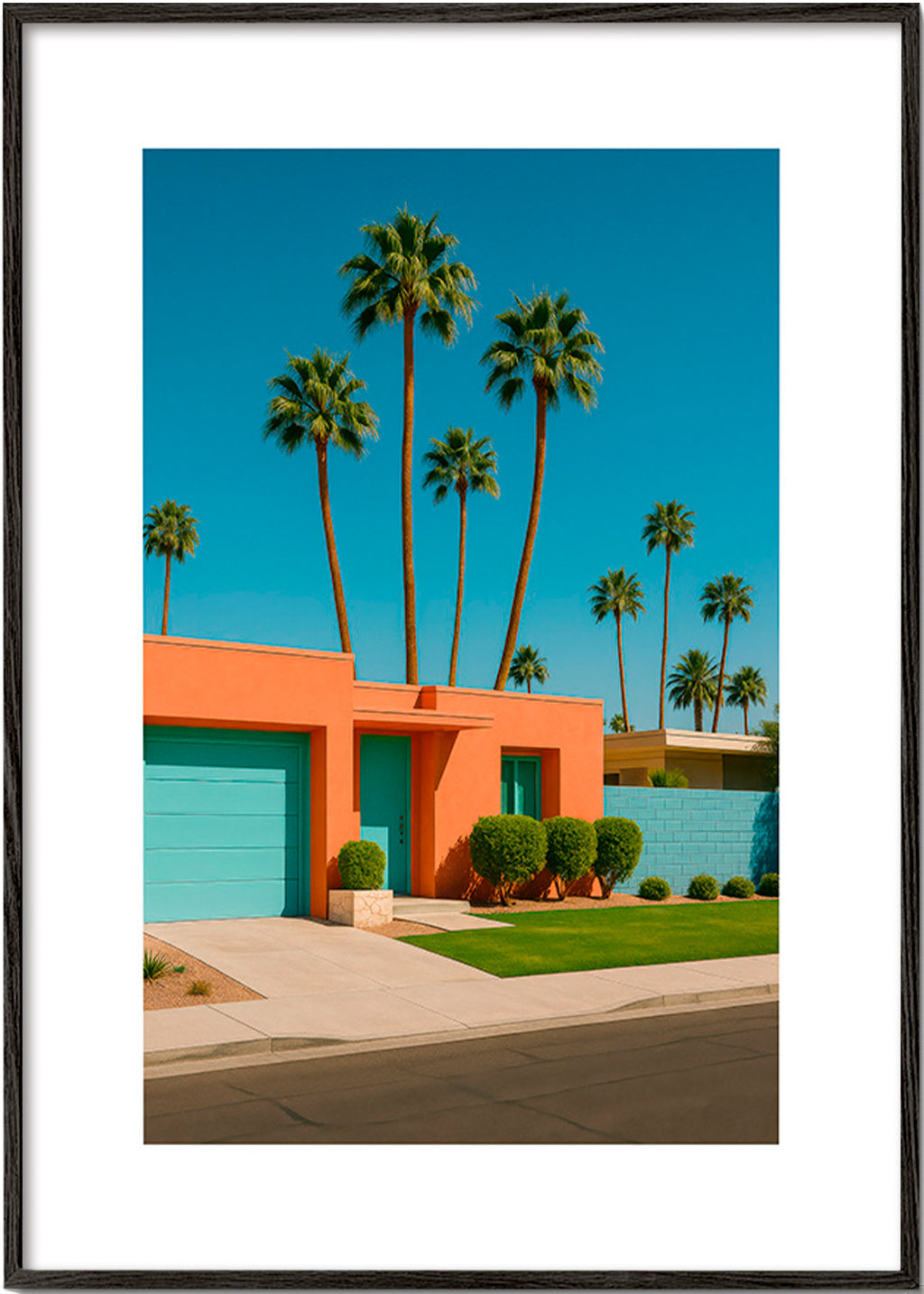Botanisk plakat Palm House med palmer og koralfacade – Black Frame