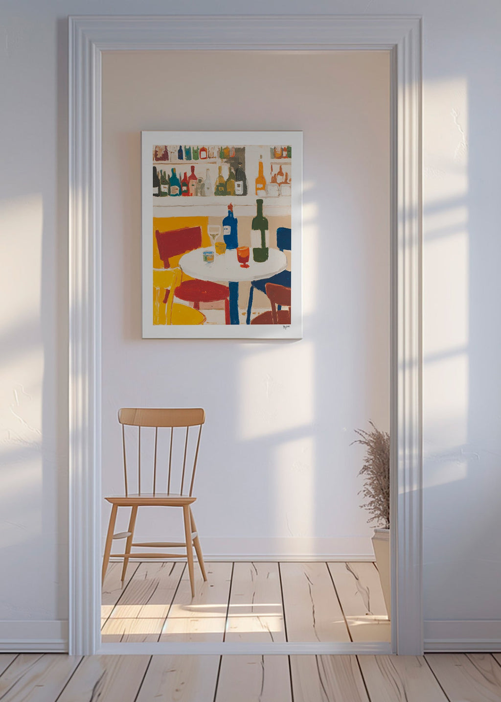 Køkkenkunst: bistrobord med flasker – Canvas